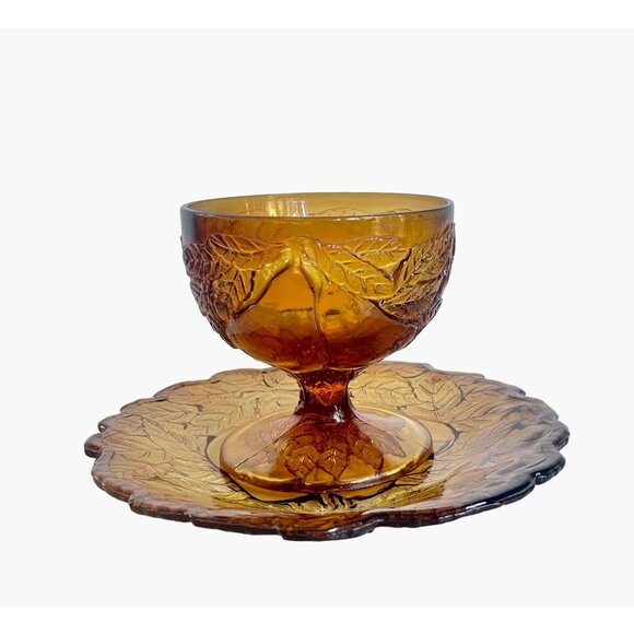 Vintage 70s Tiara Glass Dark Amber Burnt Honey Sweet Pear Saucers plates 4 pcs. - Picture 6 of 9